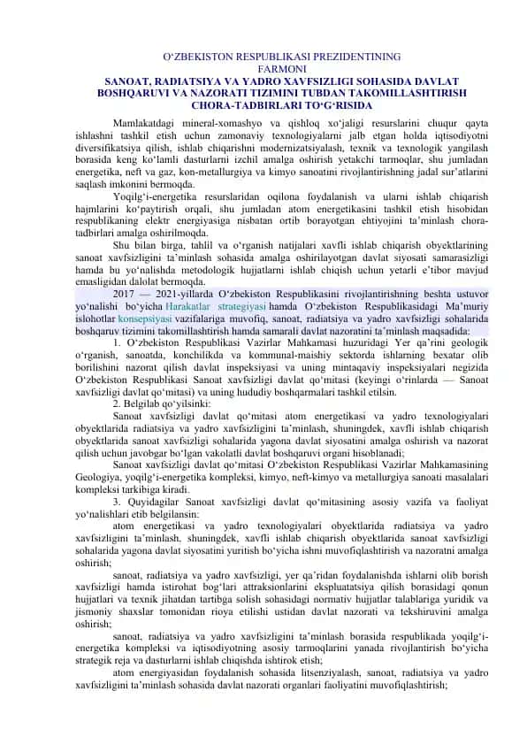 Sanoat, Radiatsiya va Yadro Xavfsizligi sohasida Davlat boshqaruv va Nazorat tizimini tubdan takomillashtirish chora-tadbirlari