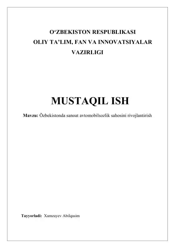O'zbekistonda sanoat avtomobilsozlik sahosini rivojlantirish