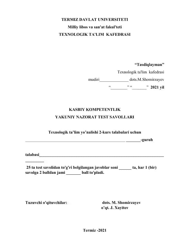Yakuniy Nazorat Test Savollari