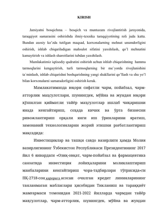 Investitsiya va sanoat bo'yicha investitsiya loyihalari moliyalashish jarayoni