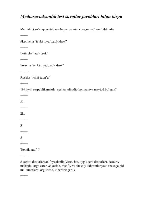 Mediasavodxonlik test savollar javoblari bilan birga