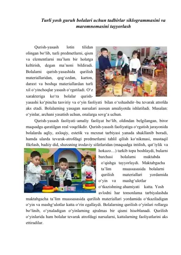 Turli yosh guruh bolalari uchun tadbirlar siklogrammasini va maromnomasini tayyorlash