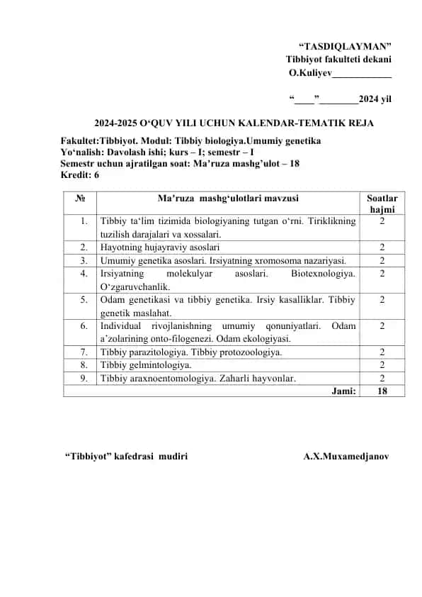2024-2025 O‘QUV YILI UCHUN KALENDAR-TEMATIK REJA