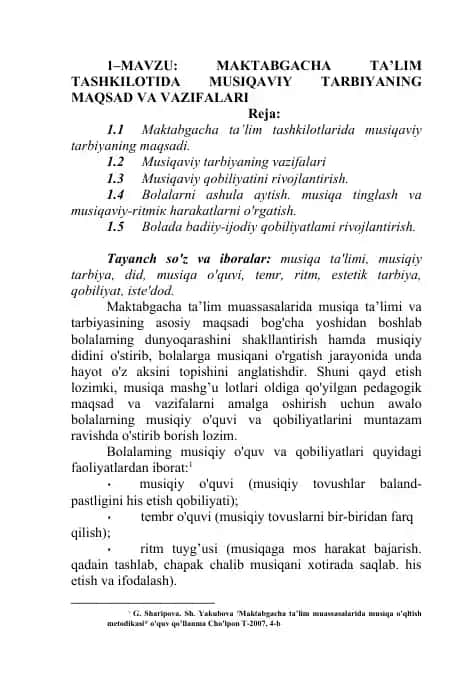 Maktabgacha ta’lim tashkilotida musiqaviy tarbiyaning maqsad va vazifalari