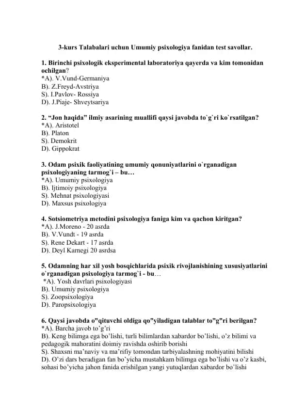 Umumiy psixologiya fanidan test savollar