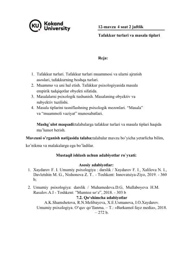 Umumiy psixologiya: Tafakkur turlari va masala tiplari
