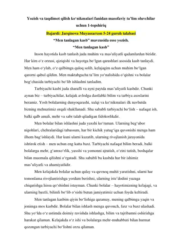 "Men tanlagan kasb"