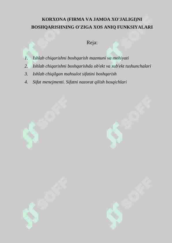 KORXONA (FIRMA VA JAMOA XO'JALIGI)NI BOSHQARISHNING O'ZIGA XOS ANIQ FUNKSIYALARI