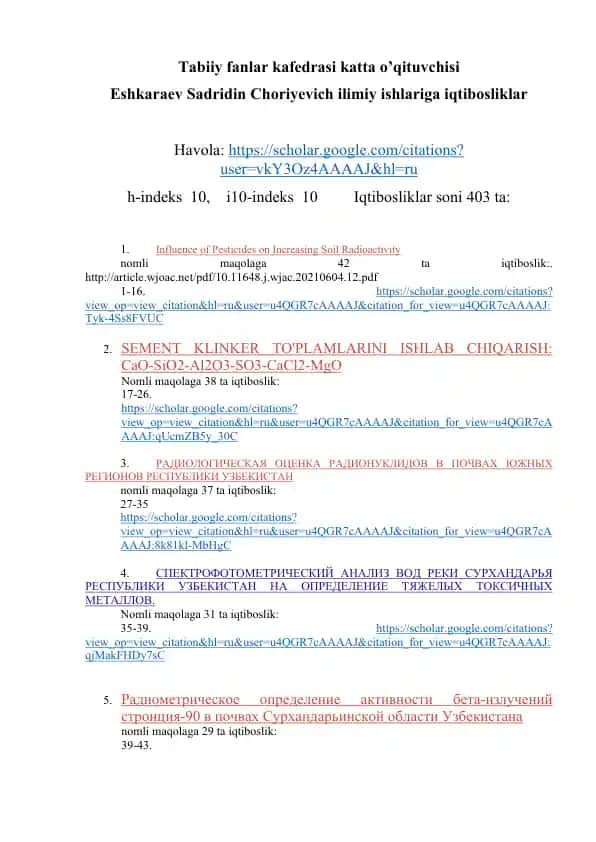 Tabiiy fanlar kafedrasi katta o’qituvchisi Eshkaraev Sadridin Choriyevich ilimiy ishlariga iqtibosliklar
