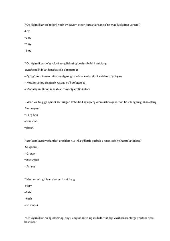 Tarixiy test savollari toʻplami