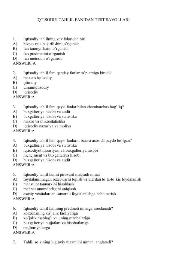 IQTISODIY TAHLIL FANIDAN TEST SAVOLLARI
