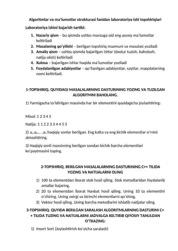 Algoritmlar va ma’lumotlar strukturasi fanidan laboratoriya ishi topshiriqlari