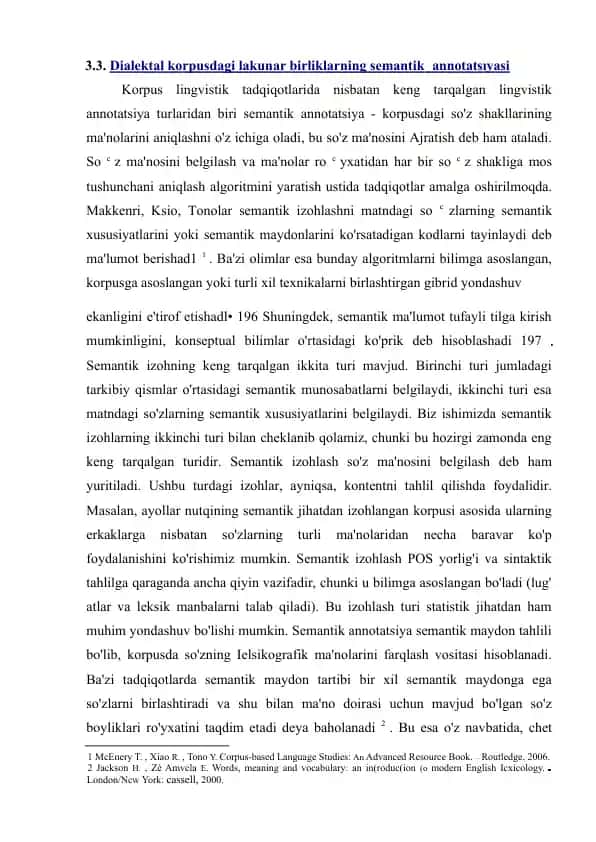 Dialektal korpusdagi lakunar birliklarning semantik annotatsiyasi