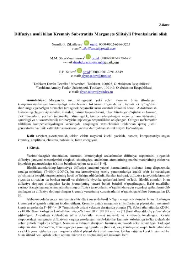 Marganets silitsid plyonkalarini diffuziya usuli bilan olish va tekshirish