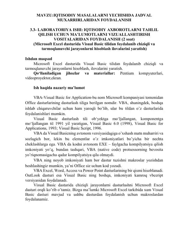 IQTISODIY MASALALARNI YECHISHDA JADVAL MUXARRIRLARIDAN FOYDALANISH