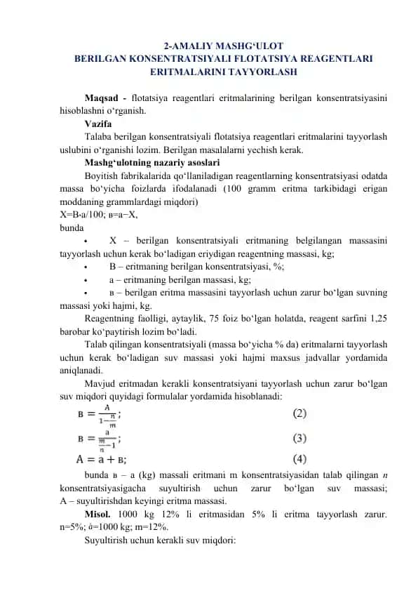 Berilgan konsentratsiyali reagent eritmalarini tayyorlash