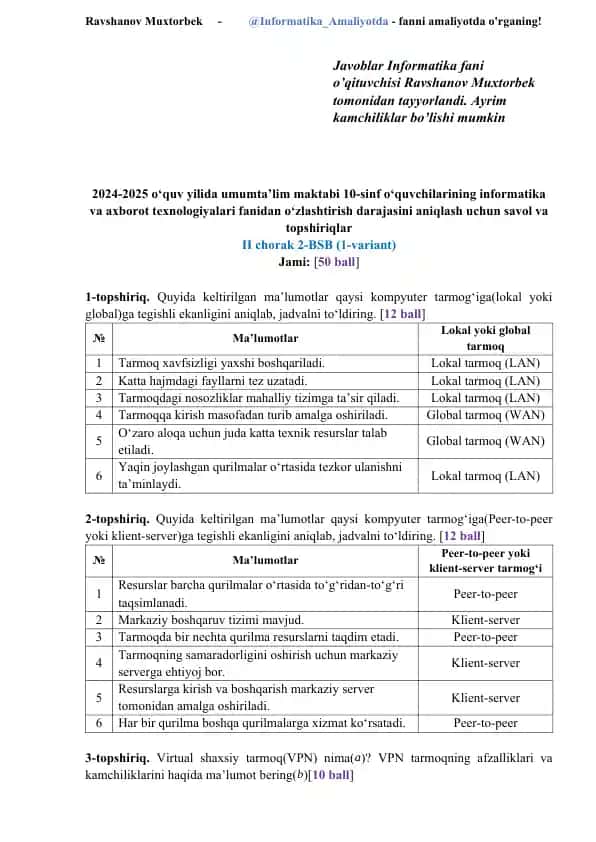 Umumta’lim maktabi 10-sinf informatika va axborot texnologiyalari fanidan II chorak test topshiriqlari