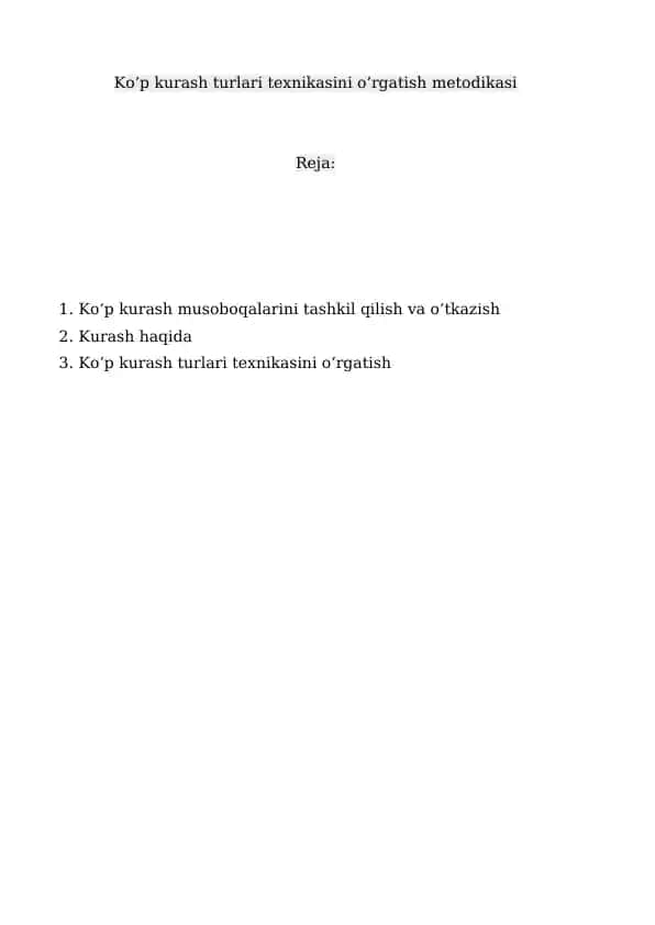 Ko’p kurash turlari texnikasini o’rgatish