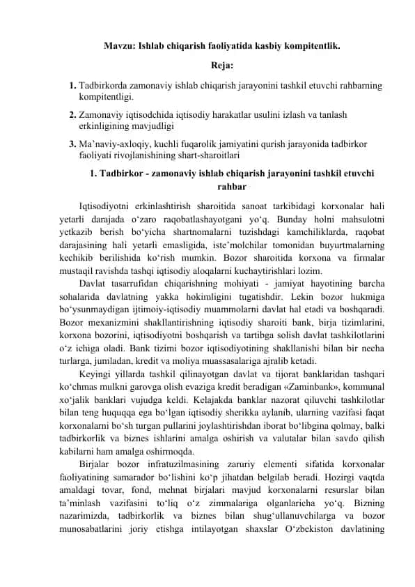 Kompetentlikni rivojlantirish uchun ishlab chiqarish faoliyatida liderlik