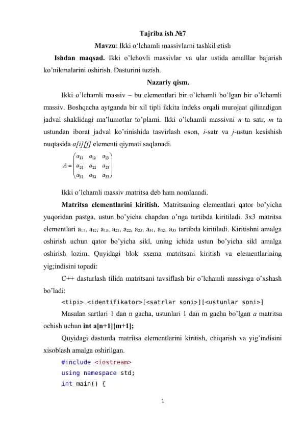 Ikki o‘lchamli massivlarni tashkil etish