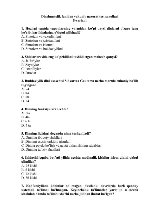 Dinshunoslik fanidan yakuniy nazorat test savollari