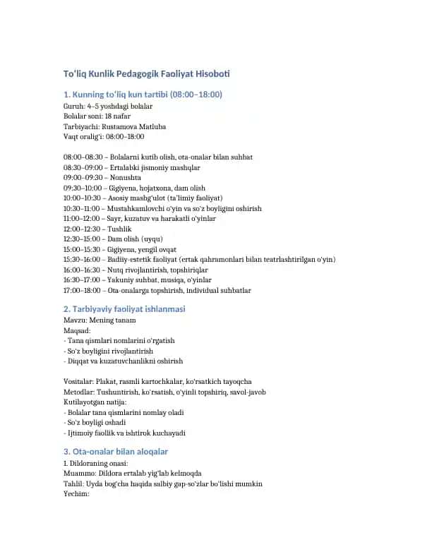 Kunlik Pedagogik Faoliyat Hisoboti