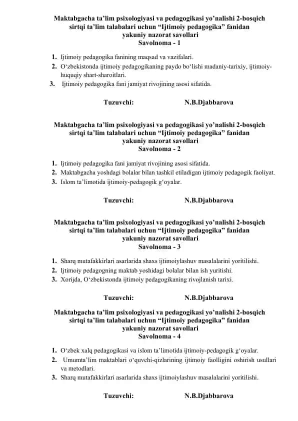 Maktabgacha ta’lim psixologiyasi va pedagogikasi yo’nalishi 2-bosqich yakuniy nazorat savollari