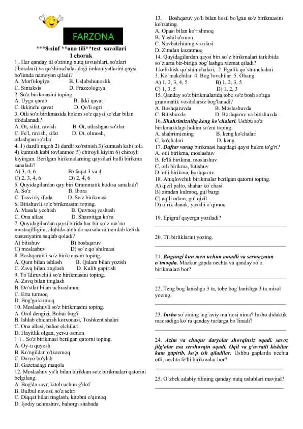 8-sinf ona tili test savollari