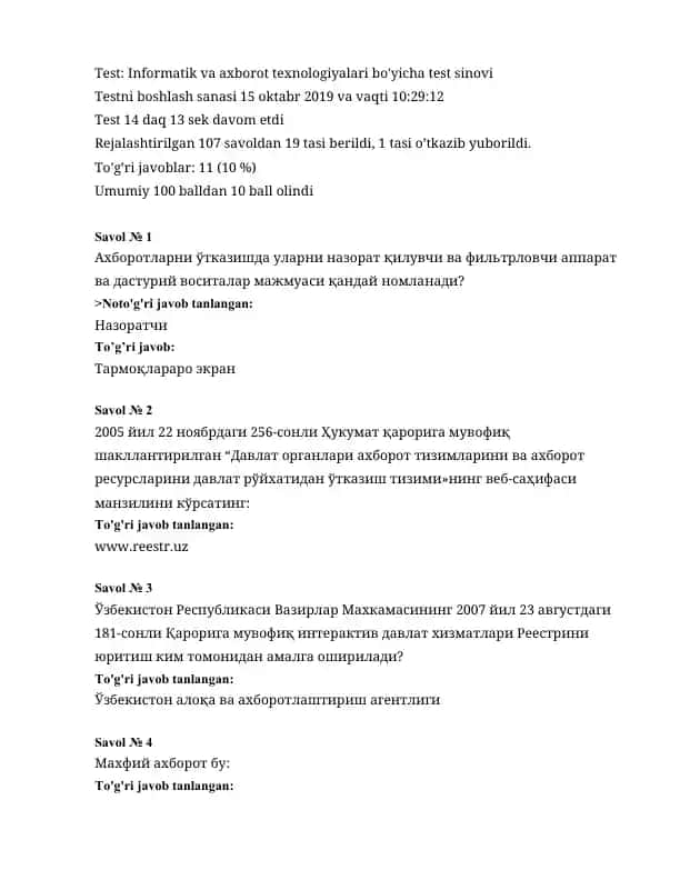 Informatika va axborot texnologiyalari bo'yicha test sinovi