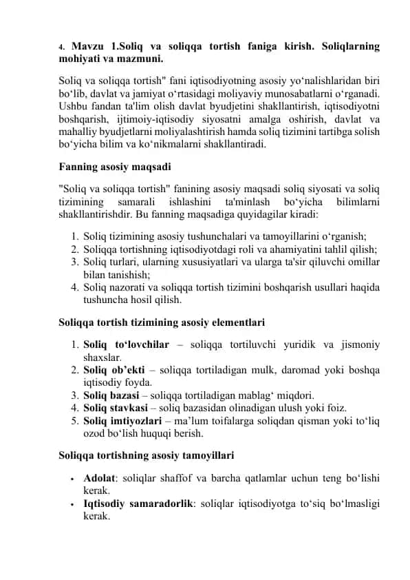 Soliq va soliqqa tortish faniga kirish. Soliqlarning mohiyati va mazmuni