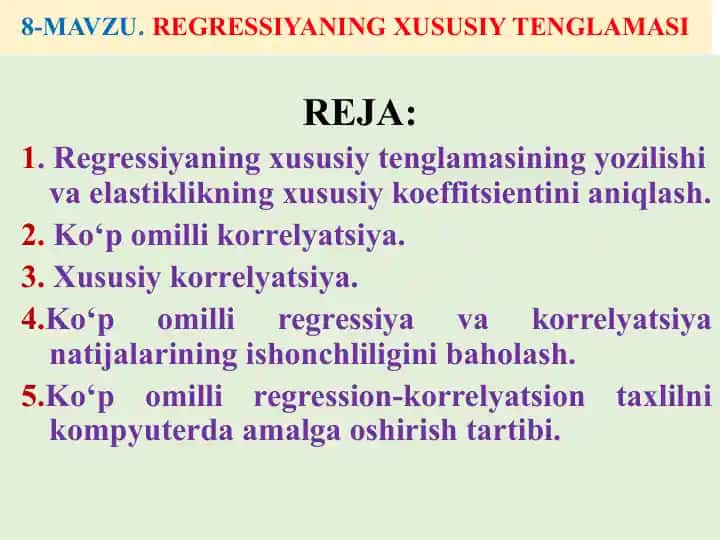 Regressiyaning xususiy tenglamasi