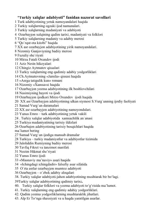 Turkiy xalqlar adabiyoti fanidan nazorat savollari