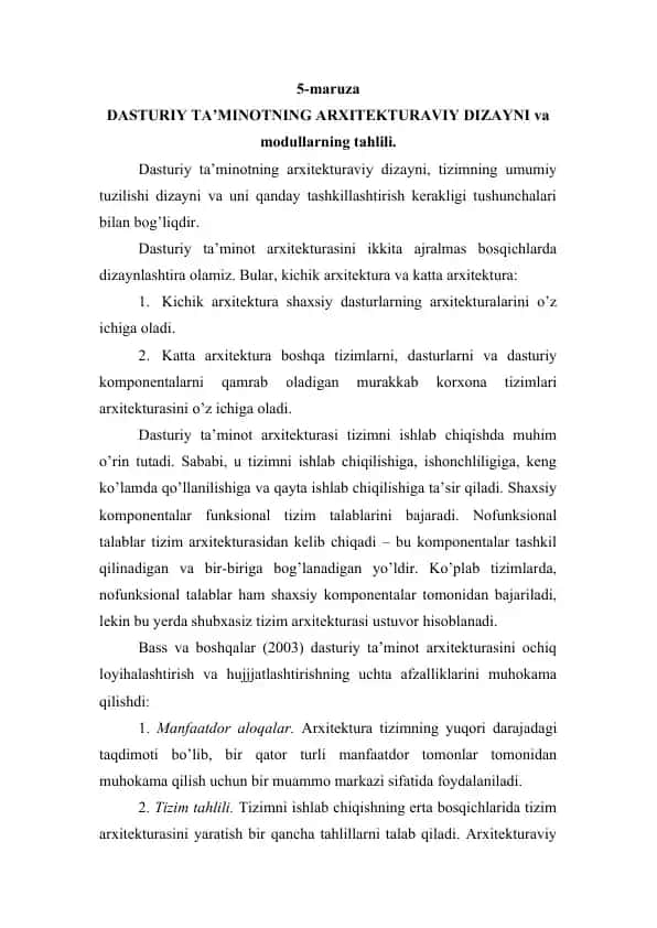DASTURIY TA’MINOTNING ARXITEKTURAVIY DIZAYNI va modullarning tahlili