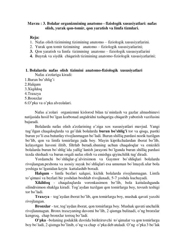 Bolalar organizmining anatomik-fiziologik xususiyatlari: Nafas olish, yurak qon-tomir, qon yaratish va limfa tizmlari