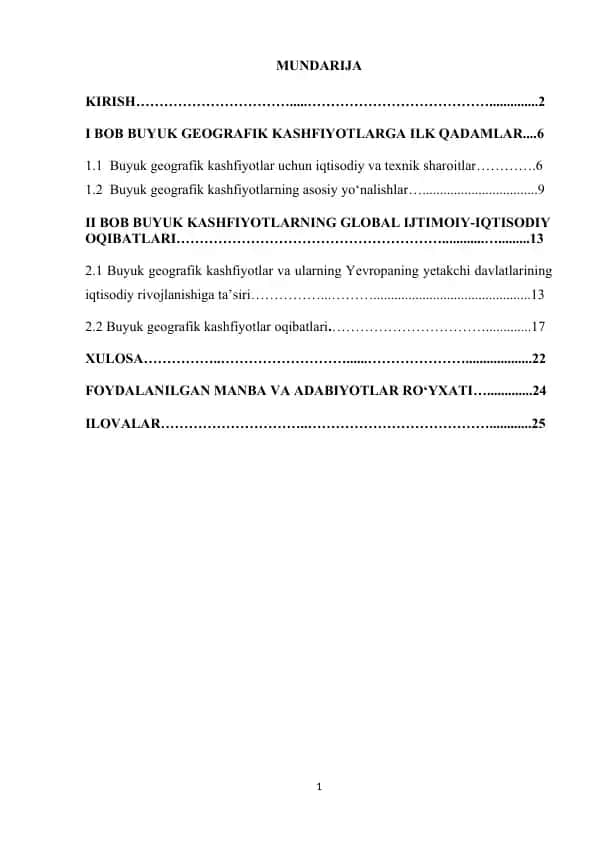 Kurs ishi: Buyuk geografik kashfiyotlar davri va uning jahon tarixidagi o‘rnini tahlili