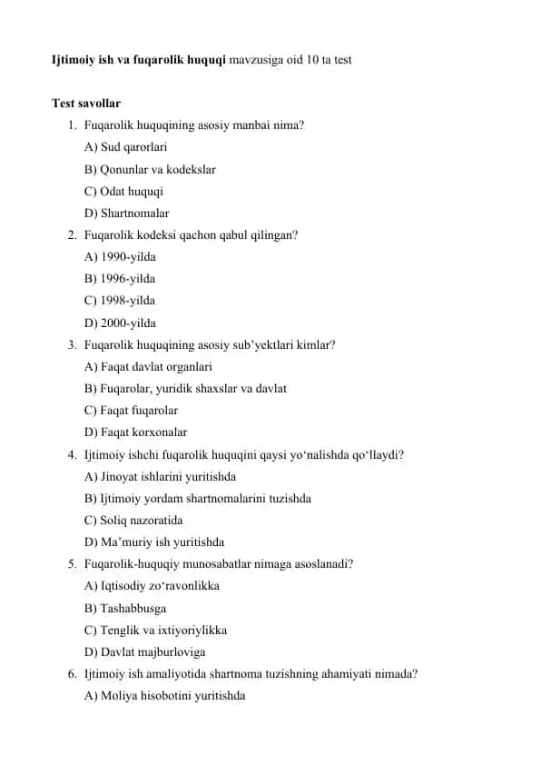 Ijtimoiy ish va fuqarolik huquqi test savollari