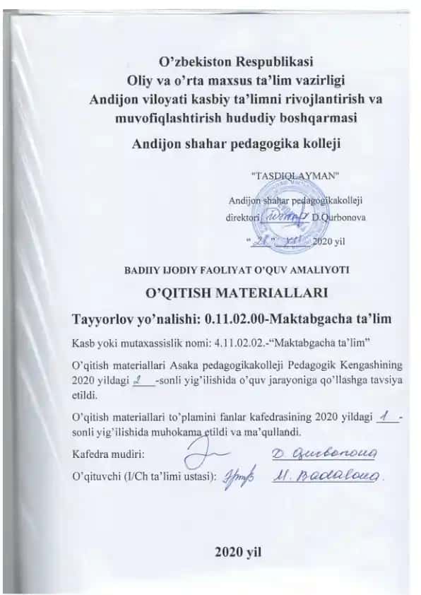 Ishchi o‘quv dasturi (maktabgacha ta'lim uchun matematik bilimlarni shakllantirish)