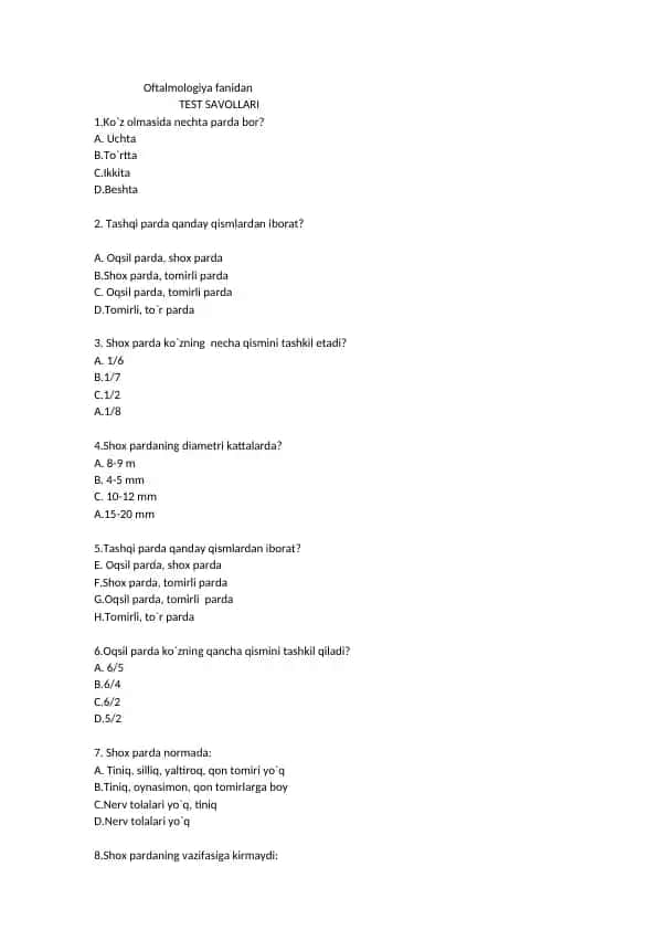 Oftalmologiya fanidan TEST SAVOLLARI