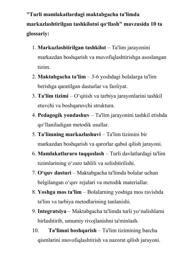 Glossariy "Turli mamlakatlardagi maktabgacha ta'limda markazlashtirilgan tashkilotni qo‘llash" mavzusida