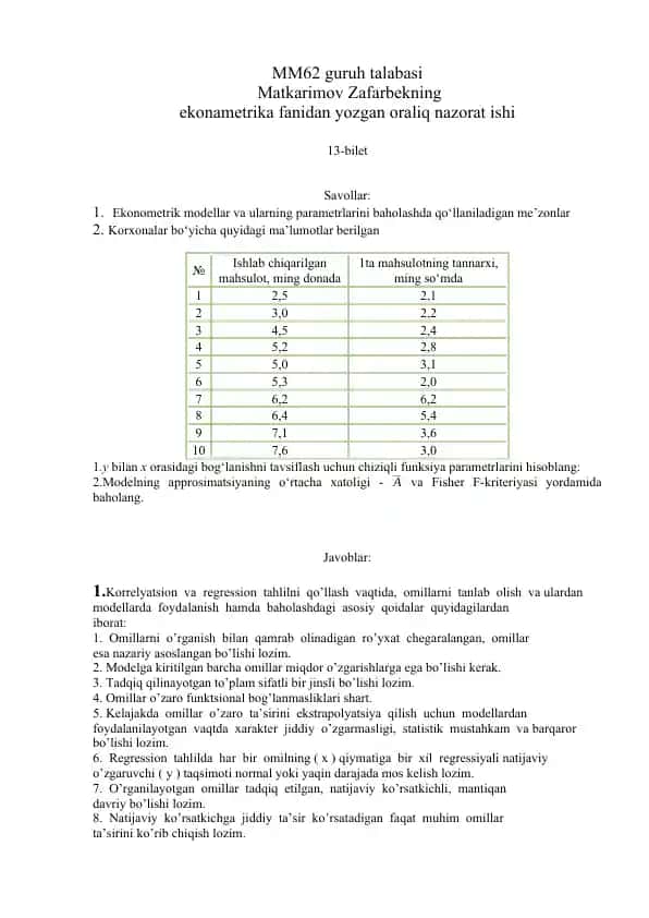 Ekonametrika fanidan oraliq nazorat ishi