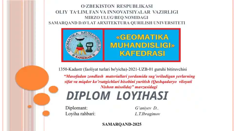 Diplom loyihasi "Masofadan zondlash materiallari yordamida sug’oriladigan yerlarning sifat va miqdor ko’rsatgichlari hisobini yuritish (Qashqadaryo viloyati Nishon misolida)"