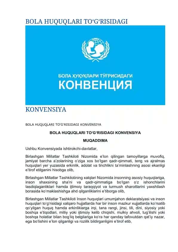 BOLA HUQUQLARI TO‘G‘RISIDAGI KONVENSIYA