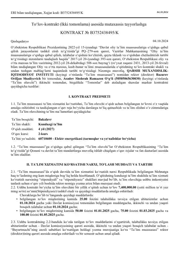 Ta'lim-kontrakt shakli va to'lov tartibi