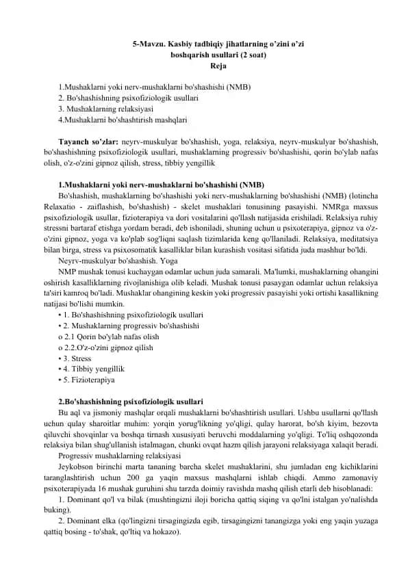 Kasbiy tadbiqiy jihatlarning o’zini o’zi boshqarish usullari