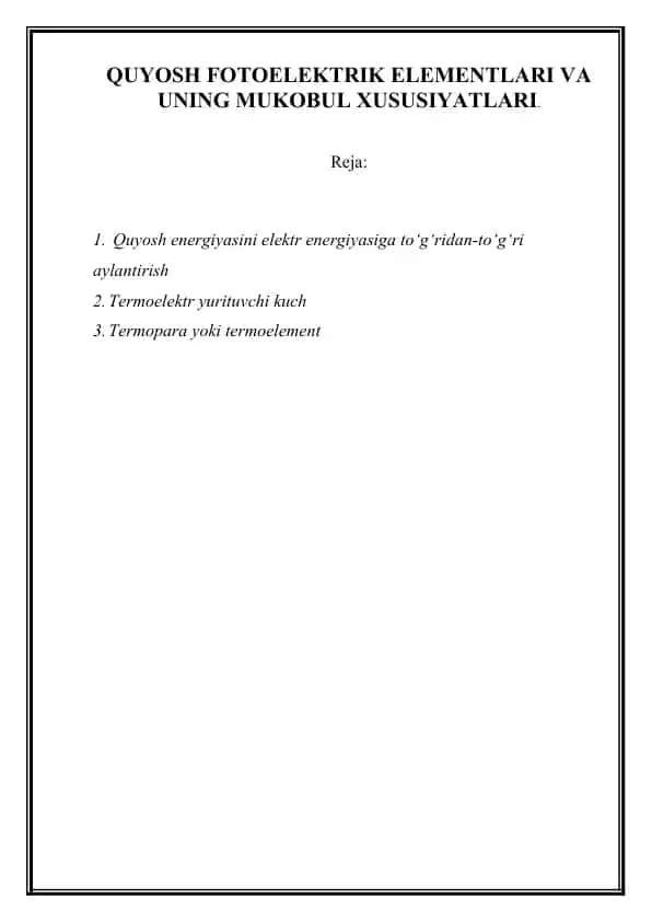 Quyosh FOTOELEKTRIK ELEMENTLARI