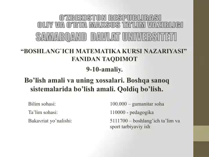 BOSHLANG`ICH MATEMATIKA KURSI NAZARIYASI