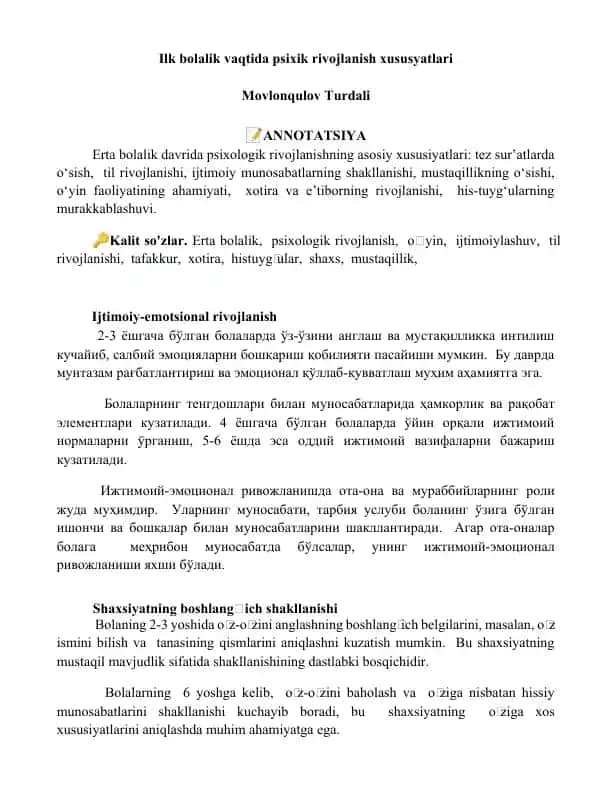Ilk bolalik vaqtida psixik rivojlanish xususyatlari