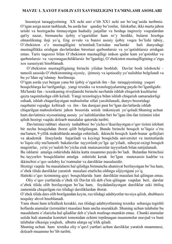 Xayot Faoliyati Xavfsizligini Ta'minlash Asoslari