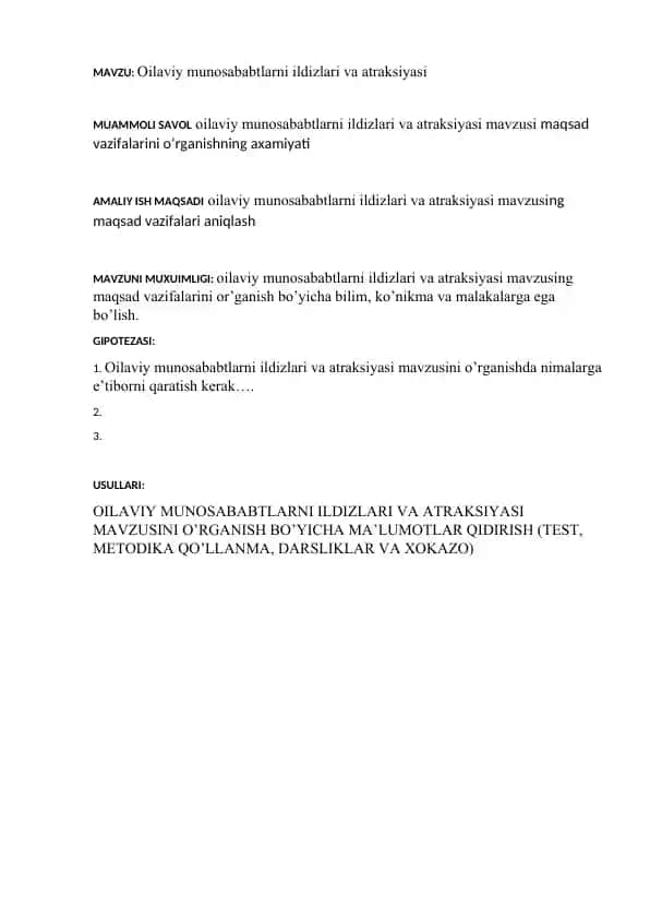 Oilaviy munosabatlar va atraksiyasi maqsadlarini o'rganish uchun metodikalar