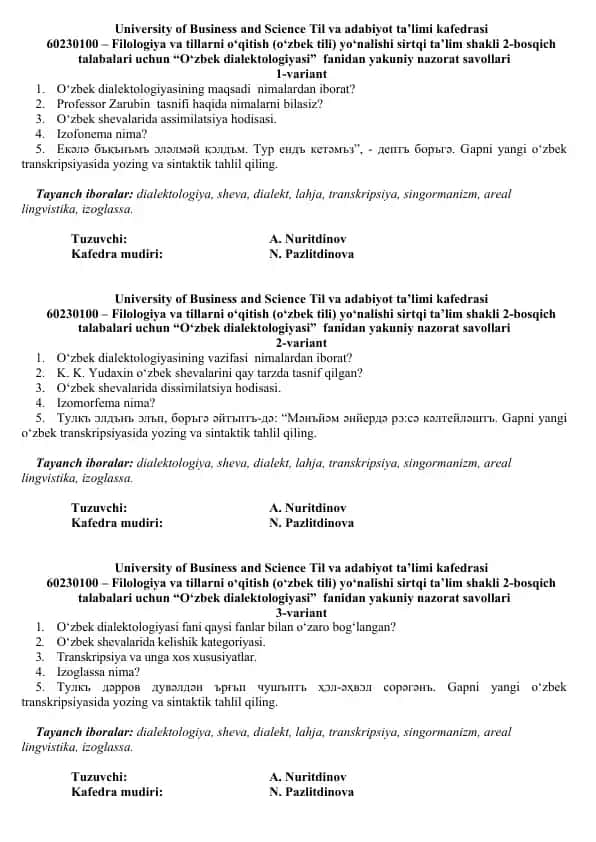 O‘zbek dialektologiyasi yakuniy nazorat savollari